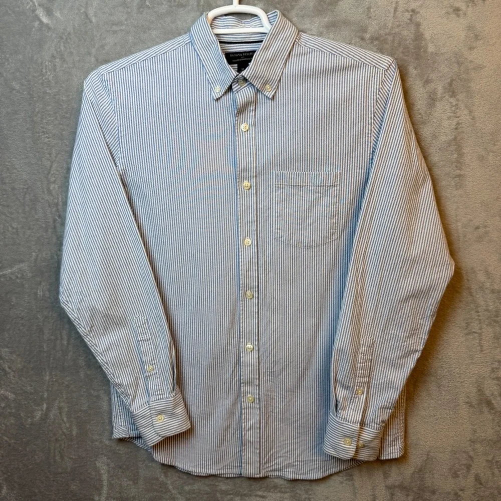 Banana Republic Button Down Shirts Men M Blue Stripe Plaid Oxford Slim Fit Lot 2